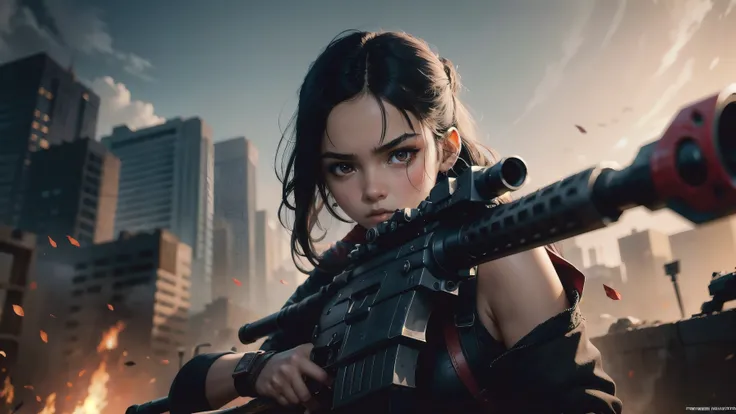 1 girl name arya standing ((Highly Detailed, high detailed face)), arya is - short height, petite girl, black short hairs, red eyes, red sun dress, detailed face, holding an assault rifle, determined look, (blood-red theme, black ground with reflection),