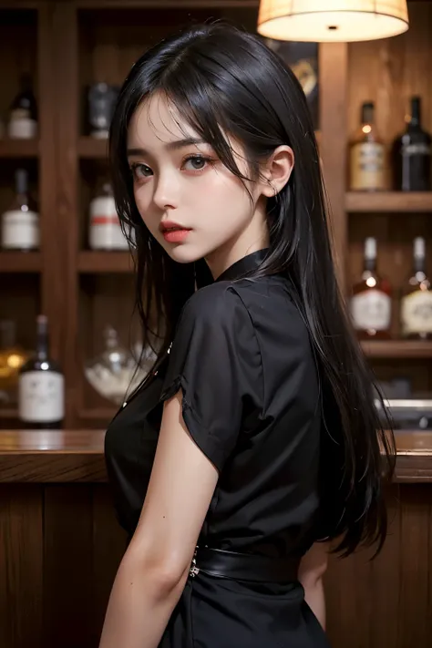 ((masterpiece)), ((best quality)), ((ultra-detailed)),((hyperrealistic)),(japanese cute girl),(shiny skin),1 ladyl,(black hair),long hair,(black eyes,tareme,droopy eyes),(slenderbody),,,(black dress),((bar)),upperbody shot,from side,looking faraway,
