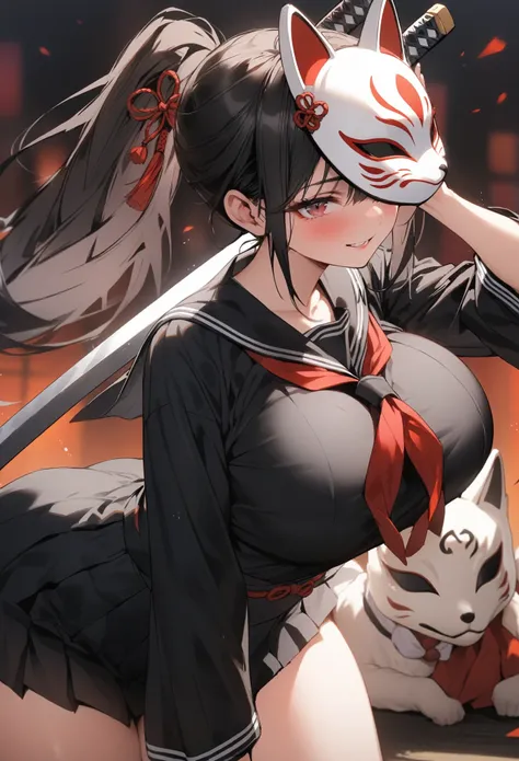 girl、Best Quality、Black Hair、Big Breasts、Slender、Slender、、Best Quality、Thighs、Japanese sword、Black Sailor Suit、ponytail、Black tights、cool、Hide your face with a fox mask