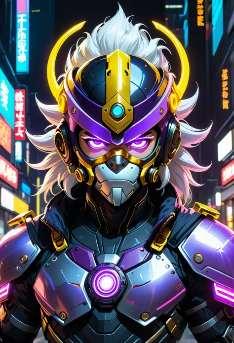 Cyberpunk armored male hero with an asymmetrical windbreaker and neon energy accents, facing forward. The hero wears a high-tech face mask or visor, seamlessly integrated into the golden ring headgear, referencing the Monkey King’s crown, with a minimalist...