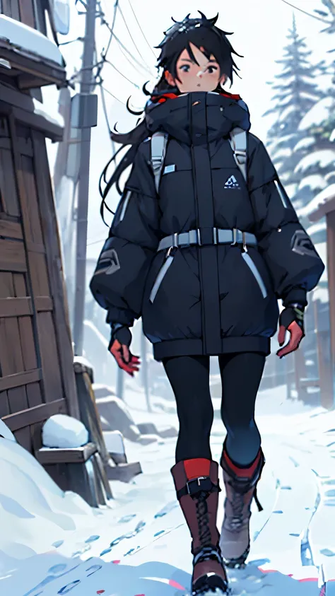 ((Best Quality)), ((masterpiece)), (detailed), Women, Snow hike, boots, Full body view, Character portrait, TRPG, Black Hair, Long Straight Hair, cute,  Cold protection, 