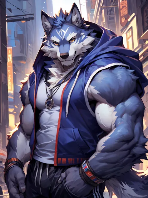 masterpiece,high quality,(detailed eyes),(male antro wolf):2.0,((deep indigo fur)), vertical white on forehead,huge muscular,(long fluffy fox tail),looking at viewer,anime,(wearing sleeveless hoodie),short sport pants,looking viewer,(cool pose),(by null-gh...