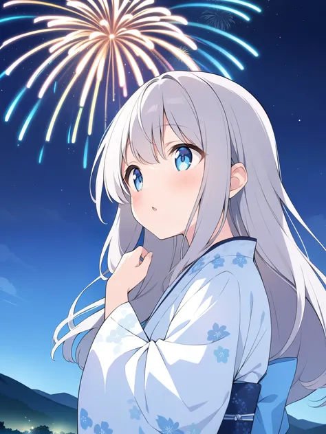 girl,,Low - Angle,ribbon,anime,Silver Hairstyle,high resolution,High resolution,detailed,Skin Texture,Kimono, Cheeks,Beautiful sparkling blue eyes,Gentle droopy eyes,Cat ear,valley,Embarrassing,cute, Wide Angle,An illustration in motion,Half Twin Long Hair...