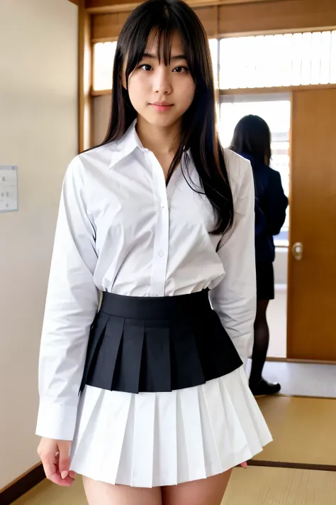 Japanese school uniform　high school long sleeve white shirt Japanese girl black skirt