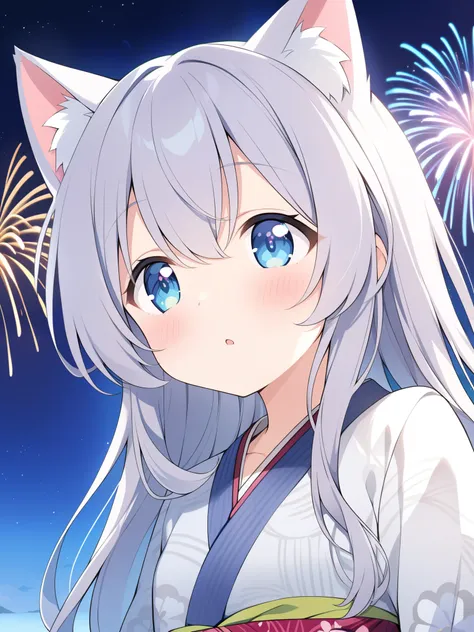 girl,,Low - Angle,ribbon,anime,Silver Hairstyle,high resolution,High resolution,detailed,Skin Texture,Kimono, Cheeks,Beautiful sparkling blue eyes,Gentle droopy eyes,Cat ear,valley,Embarrassing,cute, Wide Angle,An illustration in motion,Half Twin Long Hair...