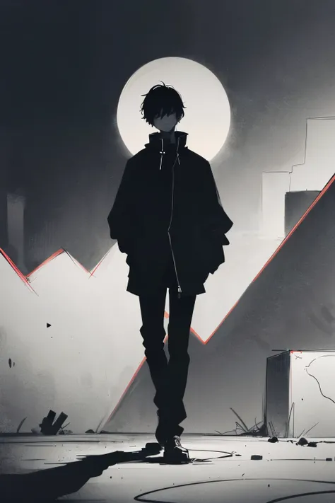 Black simple tone，A man，Standing in the middle，One hand in pocket，Hex wrench in one hand，Behind me, there is a dark shadow spreading like a strand of hair，shadow，Silhouette，Dark Cloud，Dark and depressing atmosphere