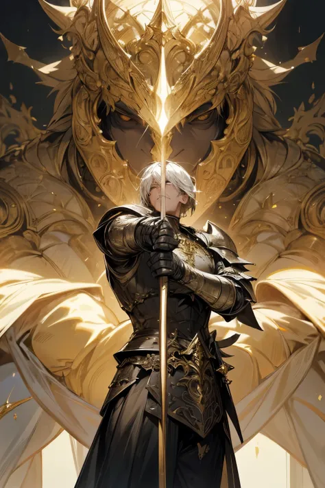 An elegantly armored knight, reminiscent of a blend between "Dark Souls" and "Nier," exudes a noble air with his attire of white and gold. The intricate details of his armor gleam in the light, reflecting a sense of both strength and masculinity. This stun...