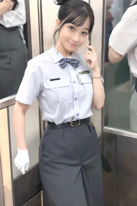 (masterpiece:1.2, Best Quality:1.2), 32K HDR, High resolution, (Alone、1 girl)、(Alone、1 girl)、（Rooftop of a building during the day、Professional Lighting）、Building rooftop background、（Tokyo Subway woman crew uniform in real style）、（Tokyo Subway female crew ...