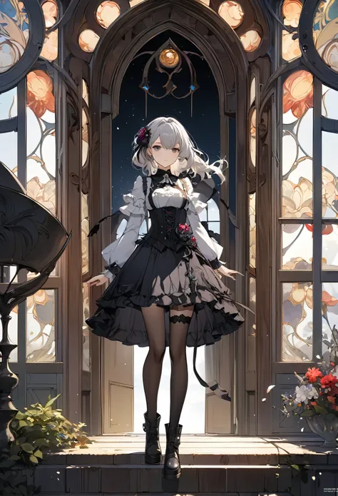 An enchanting scene of a young woman standing amidst elaborate decoration, (((Cowboy Shot)))(((gothic))), she was adorned with hair accessories、, Straight silver hair..。Ruffled mini skirt, sheの表情は自然だ, Calm expression. she wore a dress with ruffled sleeves ...