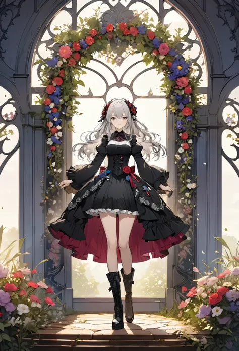 An enchanting scene of a young woman standing amidst elaborate decoration, (((Cowboy Shot)))(((gothic))), Flower Arch,she was adorned with hair accessories、, Straight silver hair..。Ruffled mini skirt, sheの表情は自然だ, Calm expression. she wore a dress with ruff...