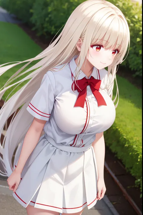  1girl,very big breast,white hair, smile,red eyes, long hair,Short sleeve shirt, white shirt, red bow tie,short white skirt, white stockings, Walking, looking away,,close up photo, bangs