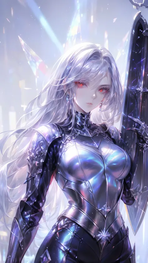 ((best quality)), ((masterpiece)), (detailed), perfect face, albino warrior, ((long white hair, white skin, red eyes)), black ma...