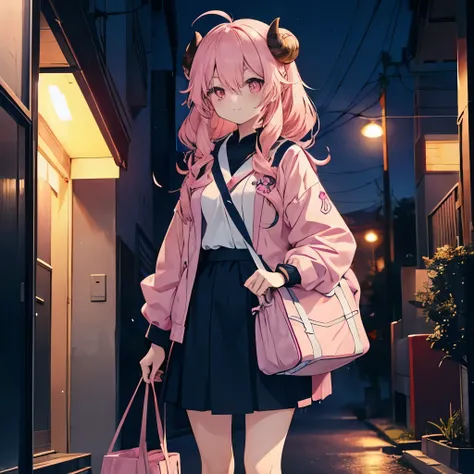 An anime-style illustration of ‘Fua-chan’ heading out for her night shift. Fua-chan has long pink hair styled in soft curls resembling sheep’s horns, and pink eyes. She is depicted wearing her work uniform or a light jacket, carrying a bag or briefcase in ...