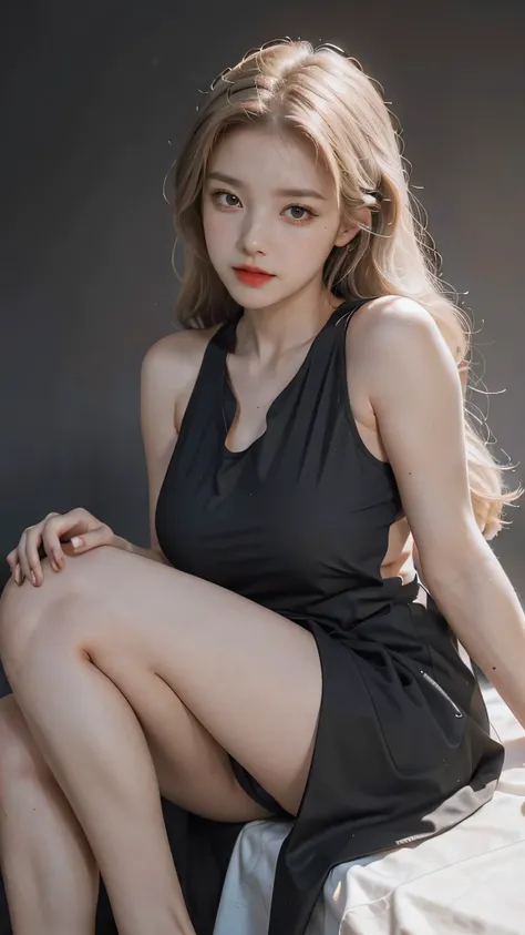 Girl wearing, luxury black coat, shoulder length hair, wavy hair, glowing skin, star in eye, red lips, grey  background, cute poses , upper body, light blonde hair, wearing sexy tank top inside, big breast , sitting , cute poses, seductivE, , Hot tank top 