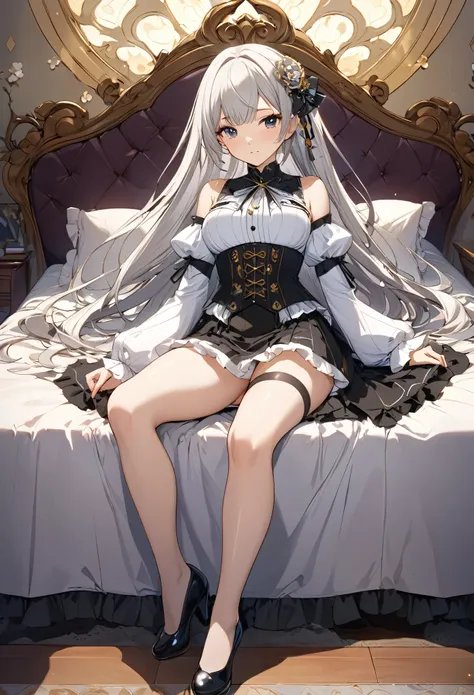 (((nsfw))),Seductive scene of a young woman lying with her legs apart on a luxuriously decorated bed, she was adorned with hair accessories、, Straight silver hair..Super mini skirt with frills, sheの表情は自然だ, Calm expression. she is wearing a mini skirt with ...