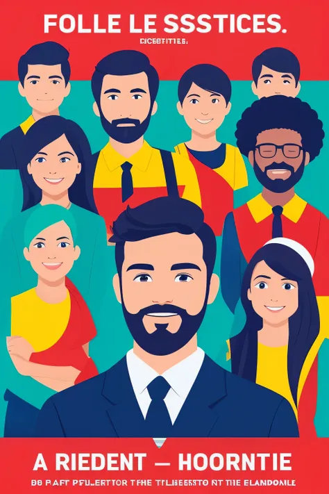 create a vibrant political poster for a young class delegate candidate. the candidate is a boy with a beard and drooping eyes, t...