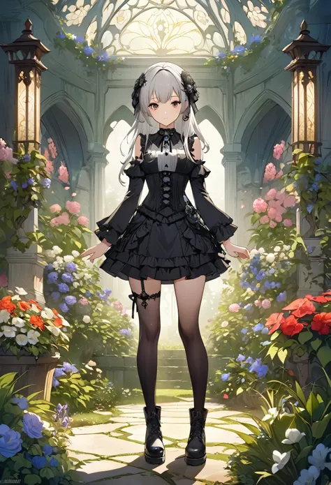 Enchanting scene of a young woman standing amongst decorative ornaments, (((gothic))), she was standing in the garden. she was adorned with hair accessories、,Straight silver hair..。Ruffled mini skirt, sheの表情は自然だ, Calm expression. she wore a dress with ruff...