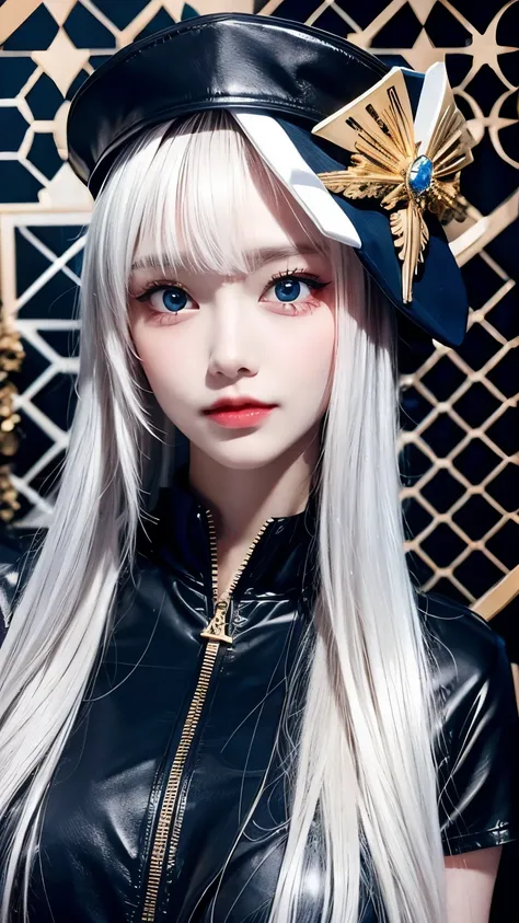 Anime Style,One woman,Wear a cap,White Hair,lob hair,blue eyes,Shining Eyes,緑にShining Eyesのハイライト,Like Sapphire Punk Rock Outfit,Metallic Image,black,Crouching,Symmetrical Emphasis on the feminine,Blur the background,Low Angle Masterpiece,Best Quality,Exqui...