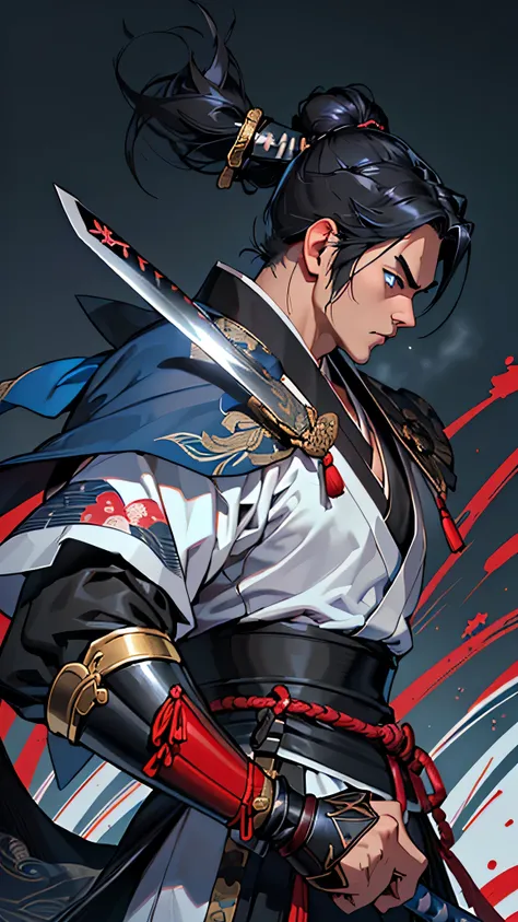 最high quality、Best image quality、masterpiece、male((samurai、Black Hair、thin、Show the whole body、Blue Eyes、Muscular,Japan刀を持つ、Fighting Pose)）high quality、Beautiful art、background((Japan)),Tabletop、Exquisite design、Visual Arts、Written boundary depth、Best ligh...