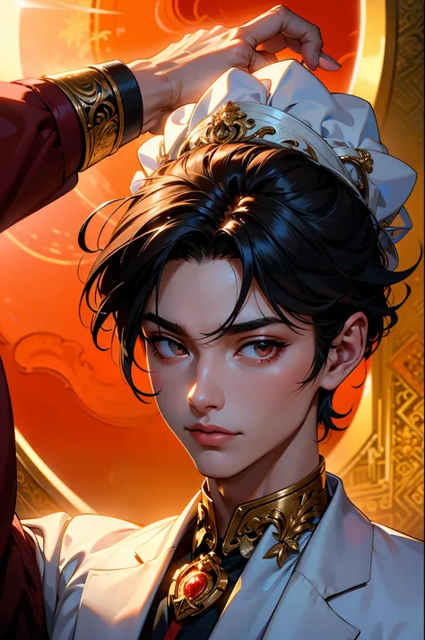 
He is a charming male god。Wearing white and red。Upper body close-up。hair is black。The background is the glow of the sun。resolution，8k、masterpiece