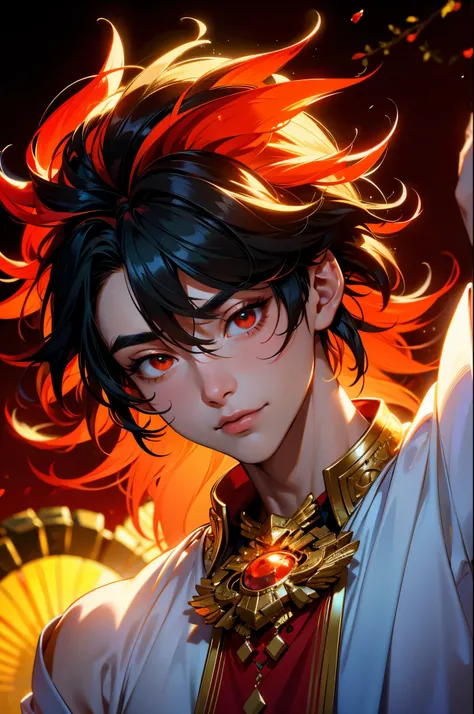 
He is a charming male god。Wearing white and red。Upper body close-up。hair is black。The background is the glow of the sun。resolution，8k、masterpiece