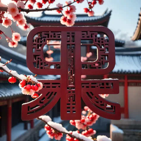 Close-up of red plum blossoms in the winter morning, Blurred ancient Chinese buildings covered with snow in the background, The light from the rear window is backlit, Sunlight, Extremely fine details, Ultra-high-definition picture quality, 8K