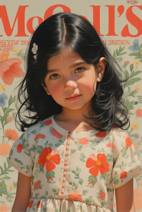 1970 magazine (cover say "mccall’s""dress for girls"), (((full body))) a  7 year-old child, standing, front view, (looking at vi...