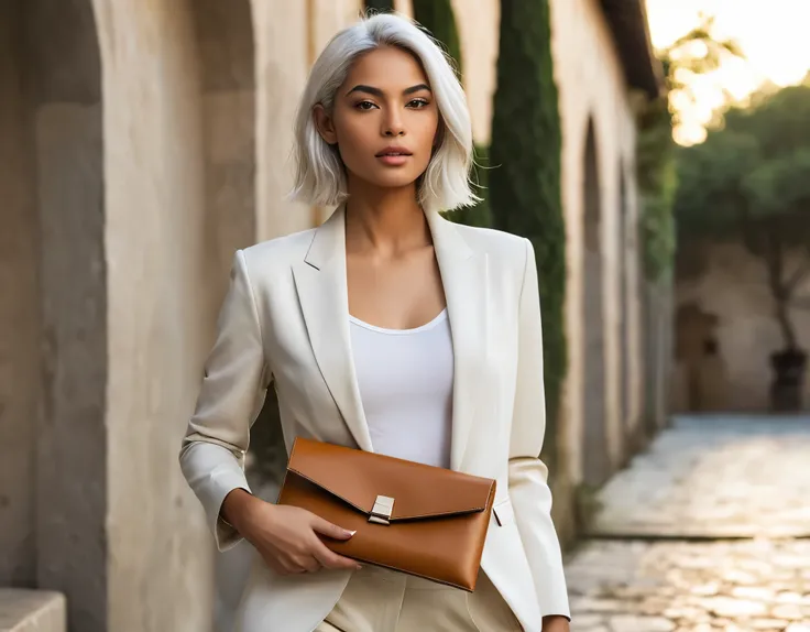 Woman, 25, mixed ethnicity with olive skin tone, shoulder-length (((white hair))) with warm ochre highlights, golden eyes, soft but defined facial features with high cheekbones and full lips, natural glow with a sun-kissed effect. She is walking in a model...