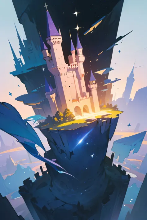 "Create an illustration of a fragmented castle floating in space. The castle should appear broken into various pieces, with sections drifting apart, showcasing intricate architectural details. Surrounding the castle are several floating rocks and stones, c...