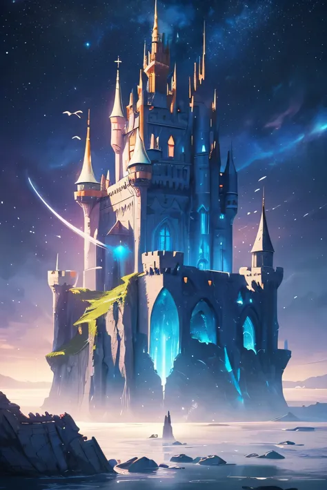 "Create an illustration of a fragmented castle floating in space. The castle should appear broken into various pieces, with sections drifting apart, showcasing intricate architectural details. Surrounding the castle are several floating rocks and stones, c...