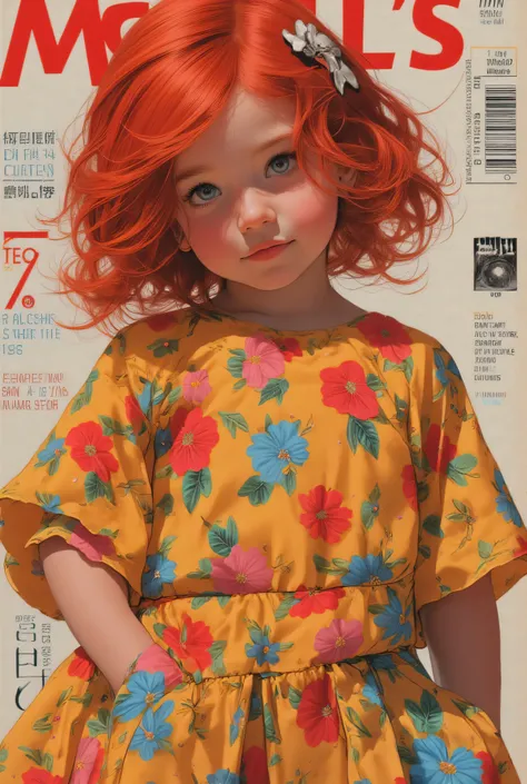 1970 magazine (cover say "mccall’s""dress for girls"), (((full body))) a  7 year-old child, standing, front view, (looking at vi...