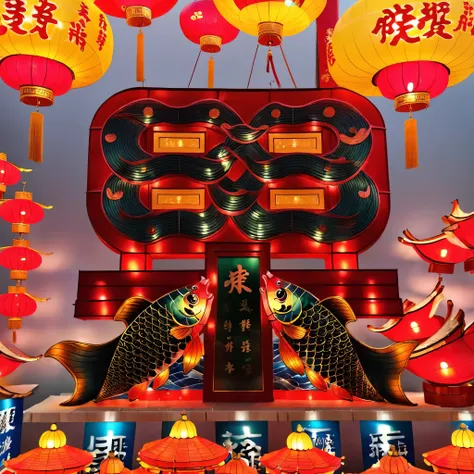 image depicts a vibrant lantern display,presents a large set of, colorful, fish shaped lantern. 至少有五个明显的fish shaped lantern, mai...