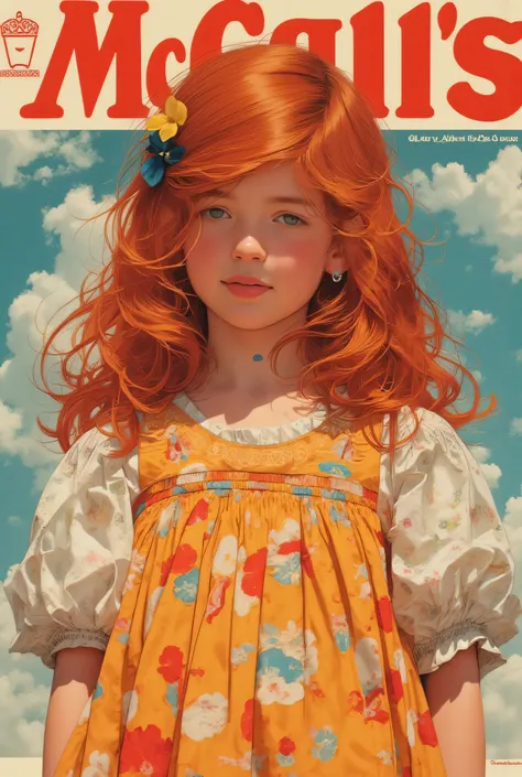 1970 magazine (cover say "mccall’s""dress for girls"), (((full body))) a 7 year-old child, standing, front view, (looking at vie...