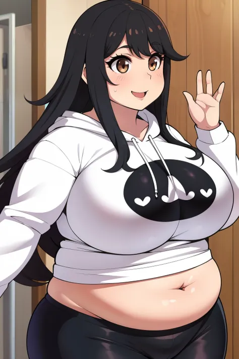 Chubby 2 big boobs black hair brown eyes happy long messy hair smile blushing deredere black hoodie underwear 