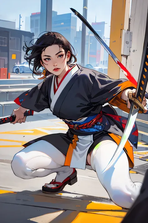 a highly detailed portrait of a japanese woman expert at battling with a sword, 1 woman, [suit made of high quality fabric], [sensual,alluring], [disheveled hair], showcasing agility, [full body], attacking from a crouched position, (best quality,4k,8k,hig...