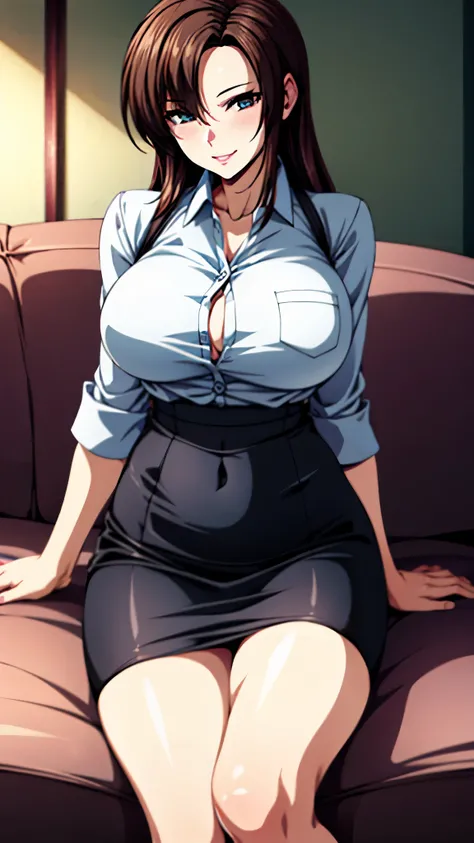 （（super high quality,Ultra-high resolution,16k,super masterpiece,Ultra HD ,Detailed shading,））Shooting from the front,One sexy mature woman,（A light pink shirt with the second button undone,Folded sleeves,Red pencil skirt,）Thick lips,Lewd smile,blush, Livi...