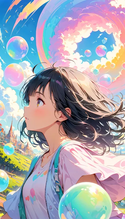 Best Quality, Super Fine, 8k, Incredibly strange, Very detailed, 2.5D, Beautiful Goddess, Pastel colored soap bubbles cloud, Sunshine, Pop Art, Delicate and dynamic, Pastel Color Fantasy, Black Hair, young, Small breasts, Official Art