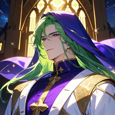 A portrait of a man (Solo) ((1man)) green hair)(long hair), purple eye, handsome, gorgeous,(lean)

Outfit: white high collar clothes(gold patterns), Purple shawl, white veil.

Castle background, White castle, Church, at night

(priest)((Handsome))​((Cool))...