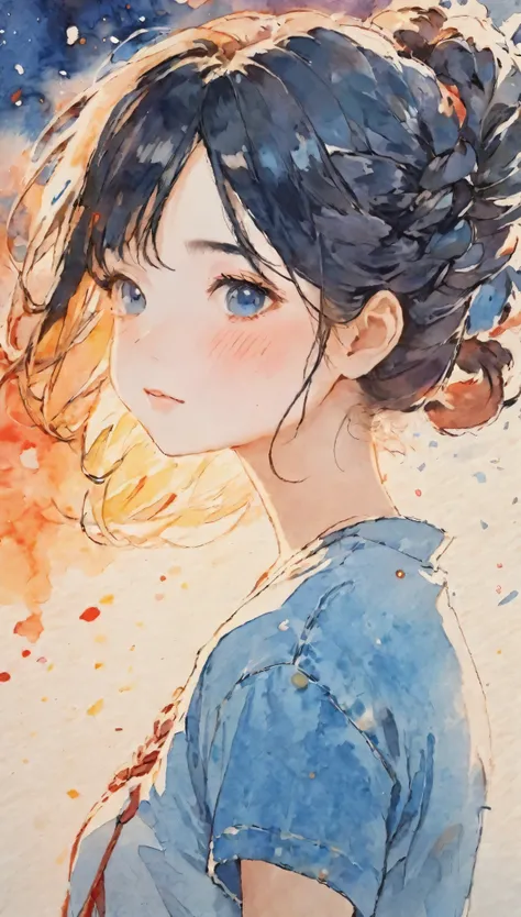 Splatter background and spray paint effect, Katsushika Hokusai, White t-shirt and jean shorts, Center of upper body, French Braid:1.48,     　 Multicolored Hair,Teary-eyed, dusk, watercolor, watercolor, watercolor風, watercolorの詳細なアート, watercolor digital pai...