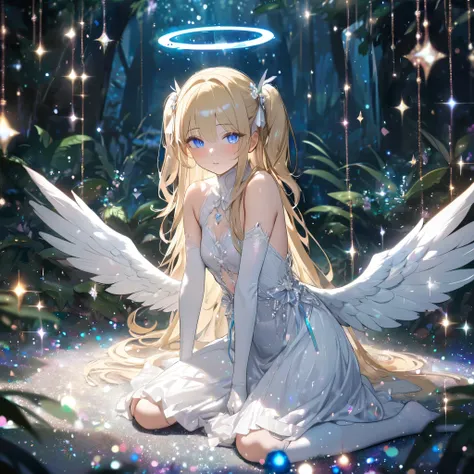 (8K, best quality, master piece: 1.2),super high resolution,1 girl,solo,16yo,ultra-detailed face,detailed eyes,fluorescent blue eyes,two side up,halo,blonde hair,long hair,large White wings,empire White dress,wariza,Mysterious,elbow gloves,(Glitter:1.8),Fl...