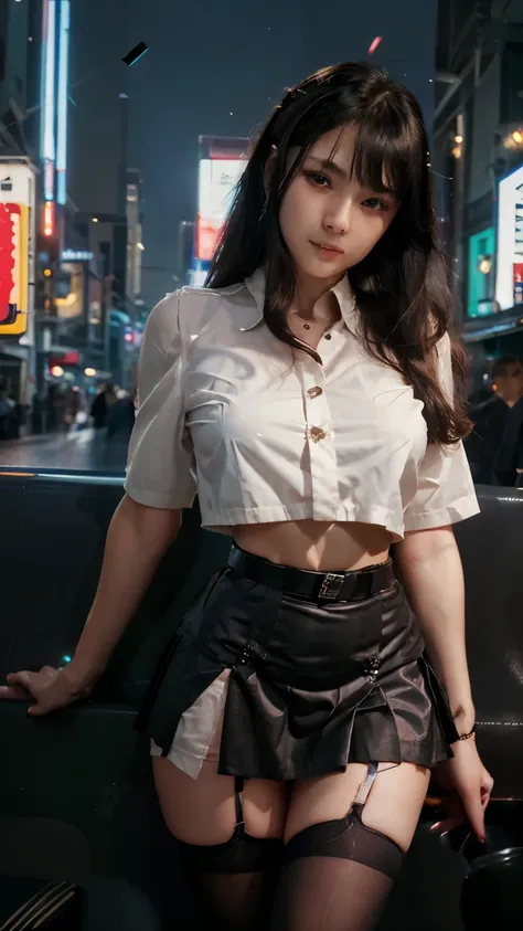 Beautiful half Thai, half Vietnamese girl, 3, beautiful figure, beautiful curves ((wearing a school uniform, short-sleeved shirt with white buttons, black skirt, dressed in a cyberpunk style 1.5)) Romantic, long black lace stockings, belt ((taking the subw...