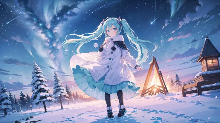 Hatsune Miku、Winter clothes（Wear warm clothes）、night、Beautiful starry sky、Looking、Beautiful shooting star、bonfire、Hands are firmly designed、Highest quality