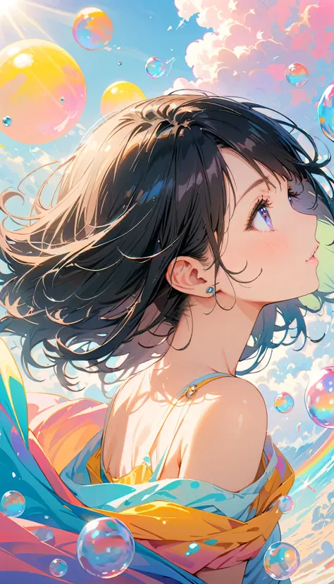 Best Quality, Super Fine, 8k, Incredibly strange, Very detailed, 2.5D, Beautiful Goddess, Pastel colored soap bubbles cloud, Sunshine, Pop Art, Delicate and dynamic, Pastel Color Fantasy, Black Hair, Official Art