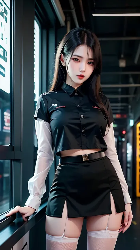 A beautiful young woman of Thai-Vietnamese descent, 3, with a beautiful figure and beautiful curves. ((Wearing a school uniform, short-sleeved shirt with white buttons, a fitted black skirt, dressed in a cyberpunk style 1.5)) Romantic, long black lace stoc...