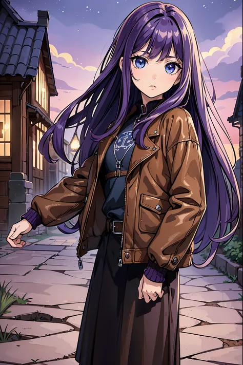 child, 8years old, old clothing brown leather jacket, poor clothing, long purple hair, beautiful hair, skinny girl, blue eyes, big eyes, detailed eyes, serous expression, old village background, nightfall background