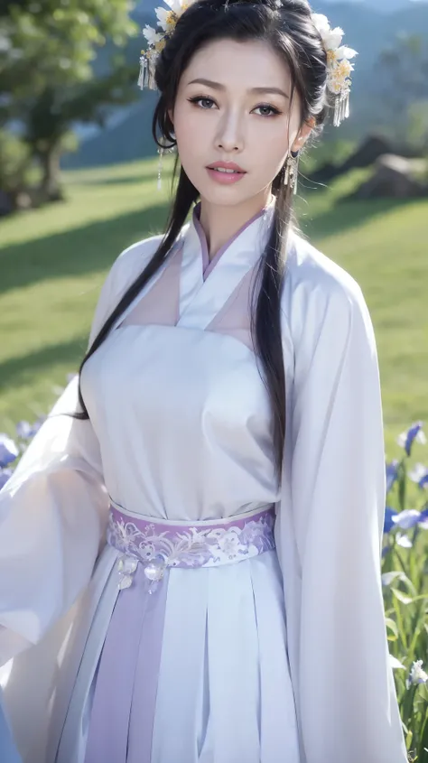 Fashion Model 2 [[[[Cleavage close-up]]]], [[[[Chest]]]], [[[[rape]]]], [[[[Shoulder]]]], Perfect eyes, Perfect Iris，Perfect lips，Perfect Teeth，Perfect skin，Long face，Soft headlights，HD girl,White ancient Chinese clothing，Hanfu，Half-length portrait，The bac...