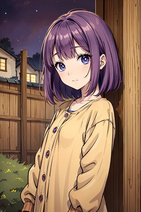 child, brown clothing, old clothing, poor clothing, dirty clothes, short purple hair, beautiful hair, skinny girl, blue eyes, big eyes, detailed eyes, friendly expression, red cheeks, blushing, old village background, nightfall background