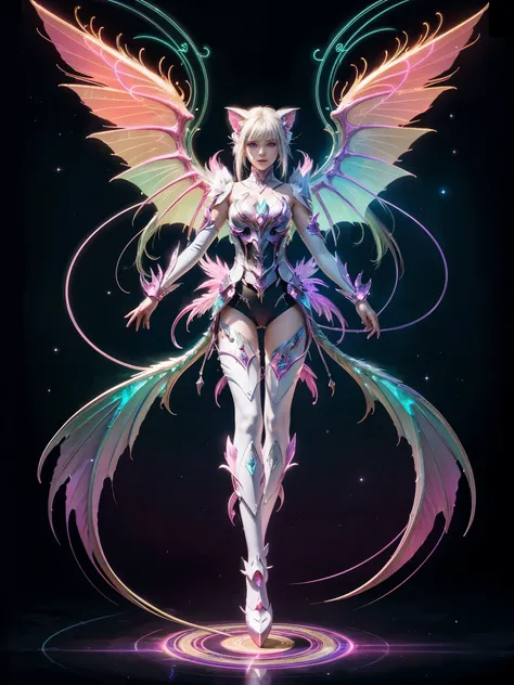 1girl, armor, wings, beautiful dragon, futuristic evolved nekomata, (neon glowing body), 2 tails, holographic, (the wings are sy...