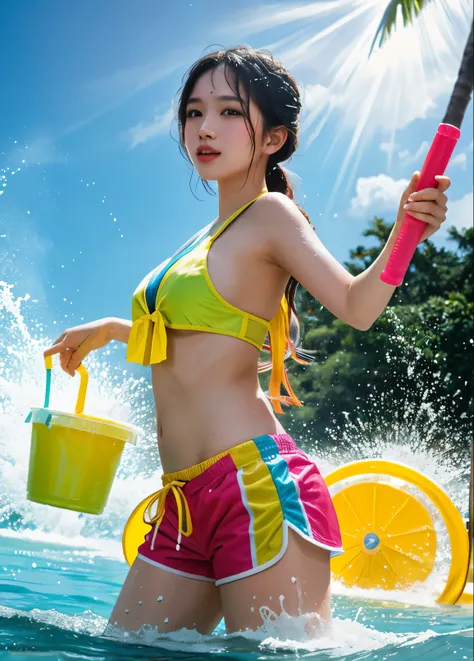 create picture  songkran festival in thailand, playing in the water, splashing water ((many young women)) dressed in colorful, b...