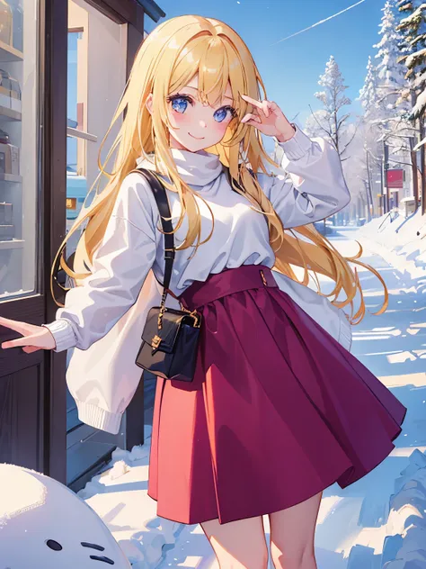 1girl in、A smile、Blonde、Depicting from head to waist、cute、Winter clothes、cuteWinter clothes、Date Clothes、The body is facing forward